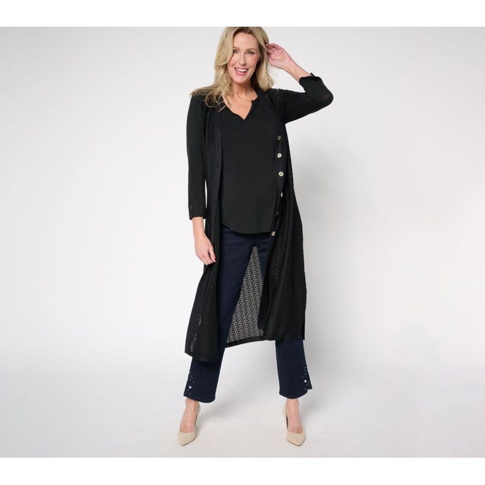 Dennis Basso Women's Jacket Sz XL Textured Pointelle Duster Vest Black A681184